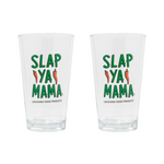 Slap Ya Mama pint glass with a green logo, empty, displayed on a white background. 