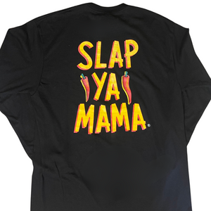 
                  
                    Load image into Gallery viewer, Back of a black long-sleeve shirt displaying only the Slap Ya Mama logo in the center
                  
                