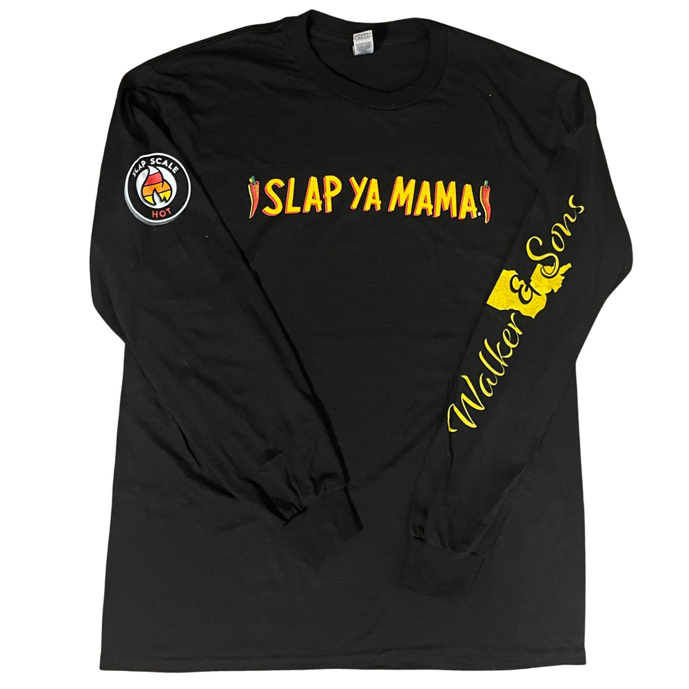 Black long-sleeve shirt featuring the Slap Ya Mama logo on the front, 'Walker & Sons' on one sleeve, and a Slap Scale design on the other sleeve.