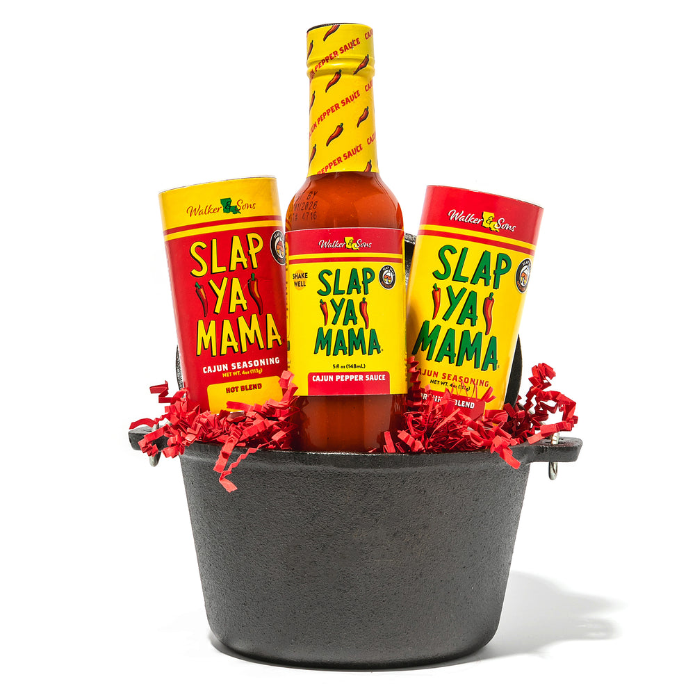 Gift set with a 1-quart cast iron pot, 4oz Original Blend, 4oz Hot Blend, and 5oz Cajun Pepper Sauce.