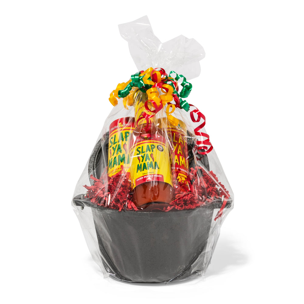 Black Pot Gift Set Wrapped, and tied with red, yellow, and green ribbon