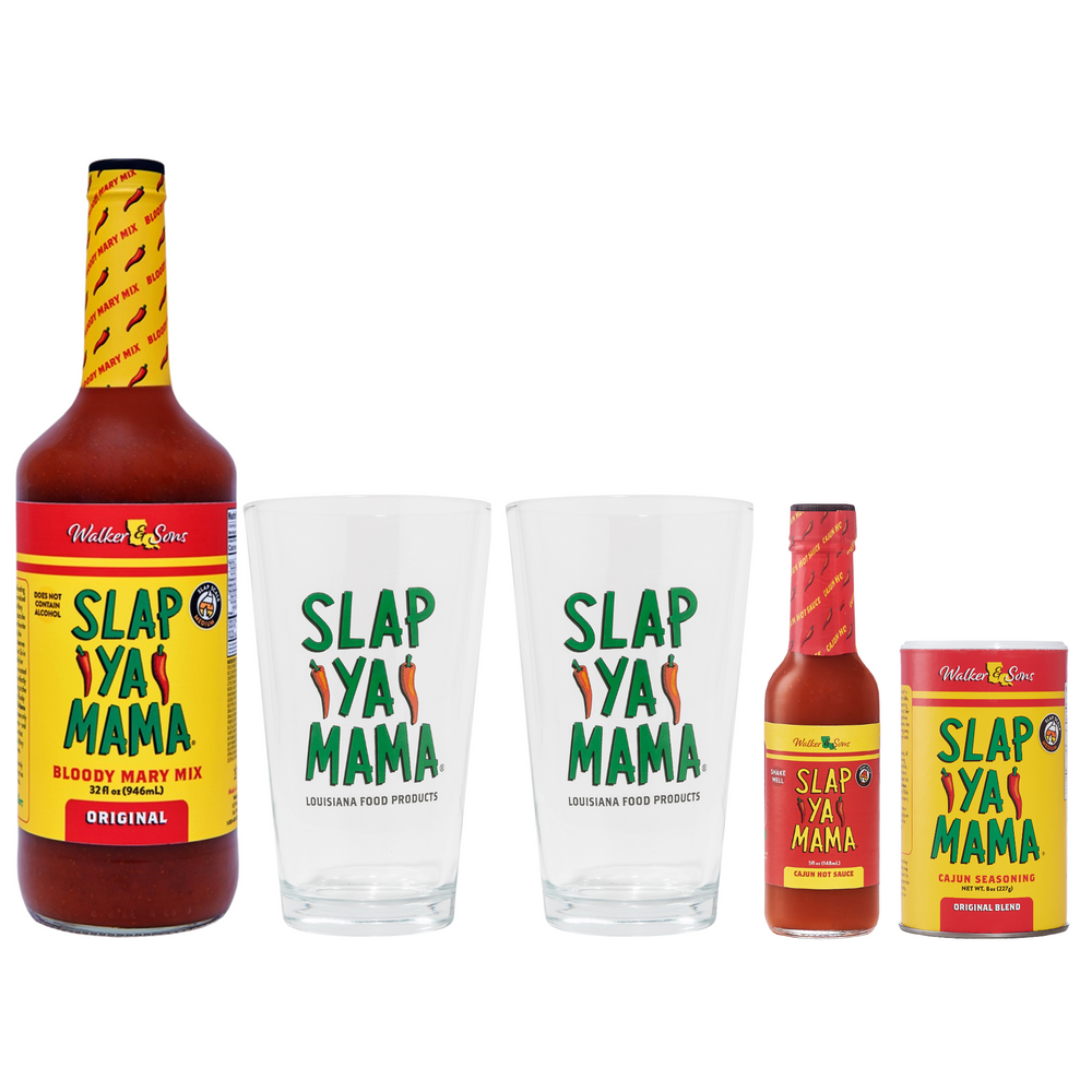 Bloody Mary Bottle, 2 Pint Classes with green Slap Ya Mama Logo, Slap Ya Mama Hot Sauce, Slap Ya Mama Cajun Seasoning 