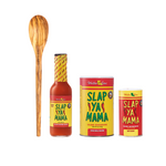 Set includes a Classic Olive Wooden Spoon, 8oz canister of Slap Ya Mama Original Blend Seasoning, bottle of Slap Ya Mama Cajun Pepper Sauce, and 4oz canister of Hot Blend Cajun Seasoning, arranged together on a white background.