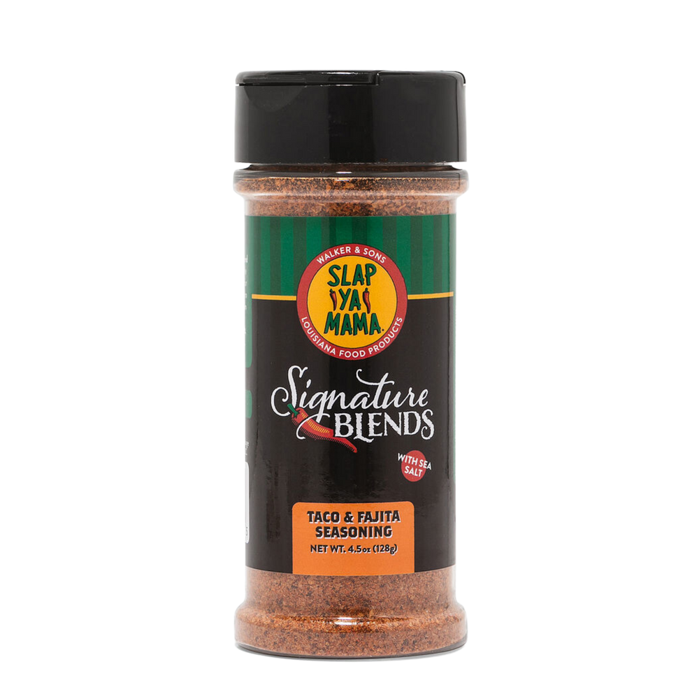 Slap Ya Mama Taco and Fajita Signature Blends seasoning canister with a vibrant design, featuring the text 'Taco and Fajita' under the Signature Blends label.