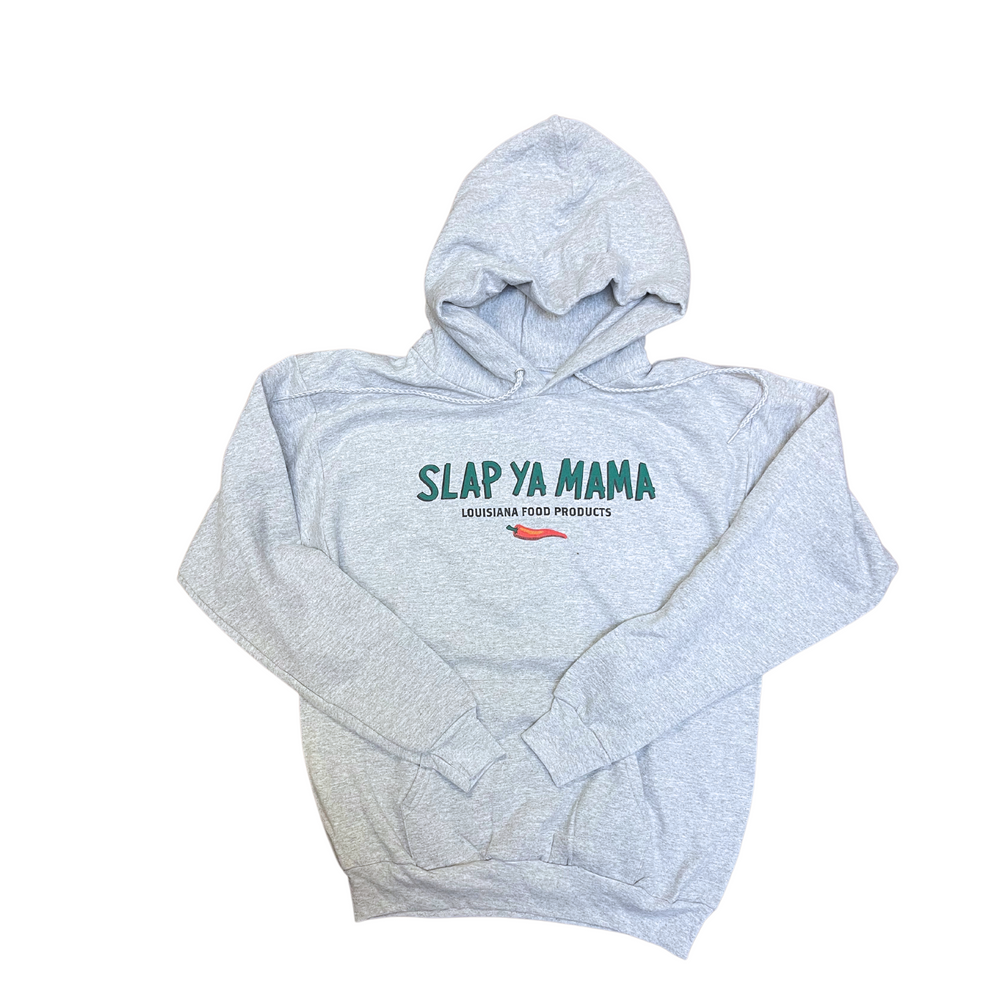 Grey Slap Ya Mama hoodie featuring a green logo, displayed on a white background.