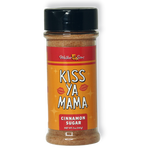 Front of Kiss Ya Mama Cinnamon Sugar canister with an orange-gold label, pink accents, the white Kiss Ya Mama logo, and text reading 'Cinnamon Sugar,' alongside a decorative design.