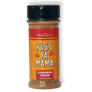 
                  
                    Load image into Gallery viewer, Front of Kiss Ya Mama Cinnamon Sugar canister with an orange-gold label, pink accents, the white Kiss Ya Mama logo, and text reading &amp;#39;Cinnamon Sugar,&amp;#39; alongside a decorative design.
                  
                