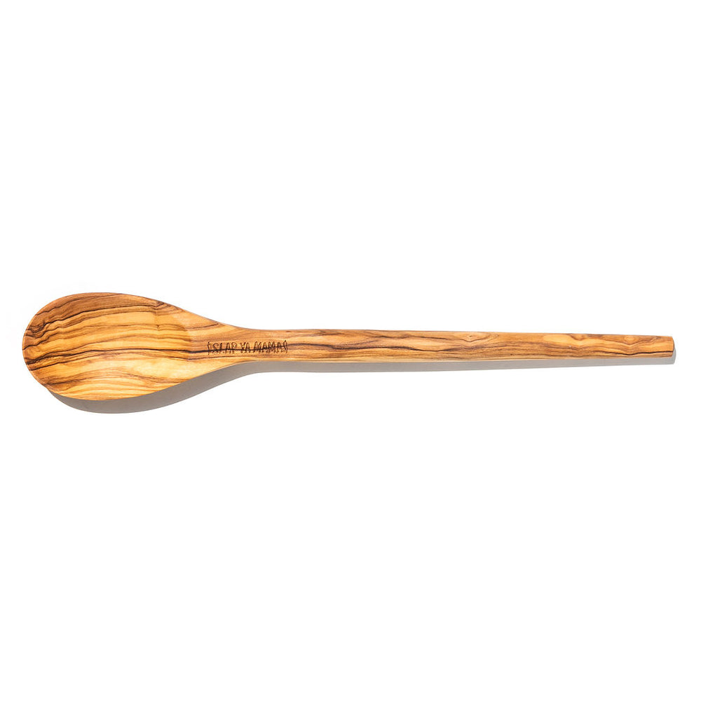 Classic olive wood spoon with the Slap Ya Mama logo engraved near thetio of handle 