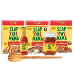 Set includes Jambalaya Mix, Red Beans Mix, Étouffée Mix, 5oz Cajun Pepper Sauce, and a Classic Olive Wood Spoon, all displayed together on a neutral background.