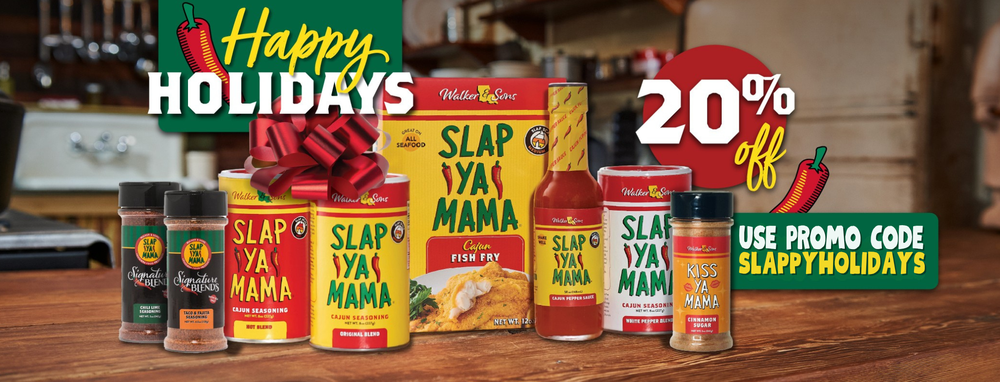 Promotional image of Slap Ya Mama products with a 'Happy Holidays' banner and discount offer.