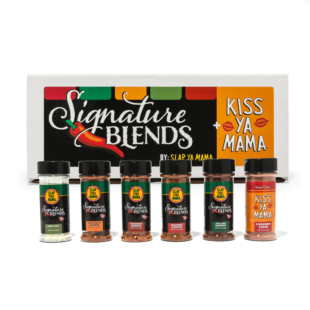 Signature Blend Kiss Ya Mama Combo Box with the seasonings arranged in front, featuring a white box with Signature Blend logos and Kiss Ya Mama branding, displayed on a white background.