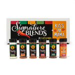 Signature Blend Kiss Ya Mama Combo Box with the seasonings arranged in front, featuring a white box with Signature Blend logos and Kiss Ya Mama branding, displayed on a white background.