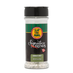 Front of Slap Ya Mama Garlic Salt Signature Blend canister with a black label, featuring the green and yellow Slap Ya Mama logo, text reading 'Garlic Salt Signature Blend,' and a white 'With Sea Salt' call-out in a red bubble.