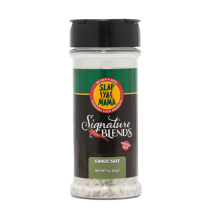 
                  
                    Load image into Gallery viewer, Front of Slap Ya Mama Garlic Salt Signature Blend canister with a black label, featuring the green and yellow Slap Ya Mama logo, text reading &amp;#39;Garlic Salt Signature Blend,&amp;#39; and a white &amp;#39;With Sea Salt&amp;#39; call-out in a red bubble.
                  
                