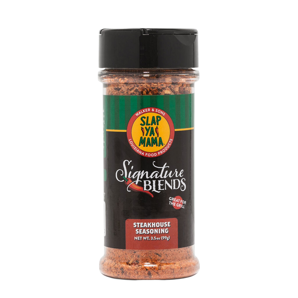 Slap Ya Mama Signature Blend Steakhouse Seasoning canister with bold typography and a sleek design, featuring the text 'Steakhouse Seasoning' prominently on the label