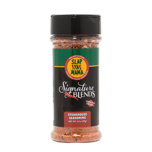 
                  
                    Load image into Gallery viewer, Slap Ya Mama Signature Blend Steakhouse Seasoning canister with bold typography and a sleek design, featuring the text &amp;#39;Steakhouse Seasoning&amp;#39; prominently on the label
                  
                