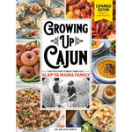 Book cover of 'Growing Up Cajun' with images of food and a family photo.