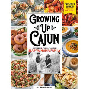 
                  
                    Load image into Gallery viewer, Book cover of &amp;#39;Growing Up Cajun&amp;#39; with images of food and a family photo.
                  
                
