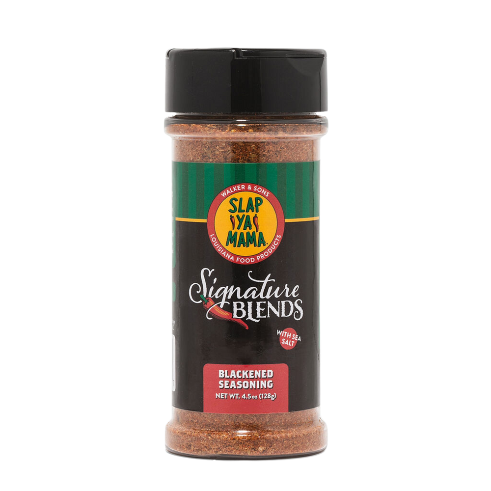 Slap Ya Mama Blackened Seasoning in a plastic container with the Slap Ya Mama logo visible.