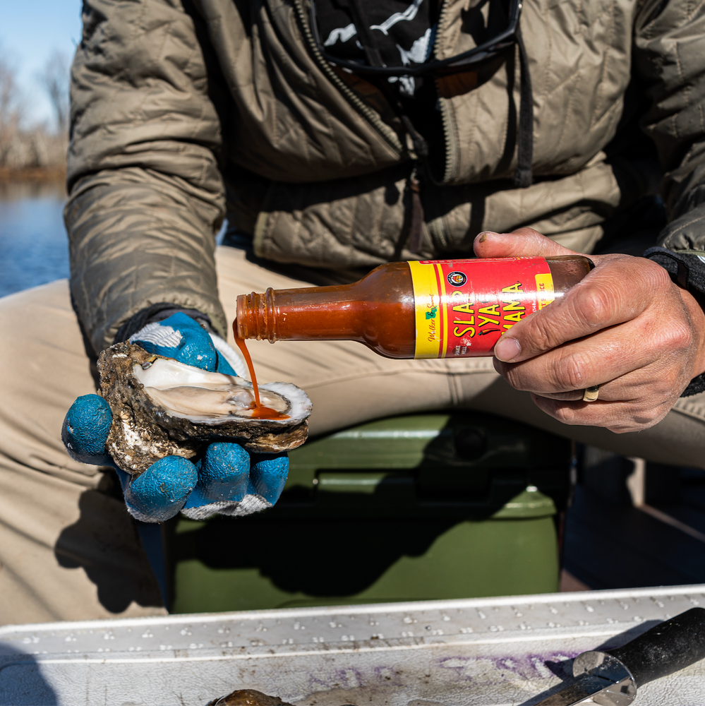 Slap Ya Mama Hot Sauce being poured onto a raw oyster, with a bayou setting in the background.