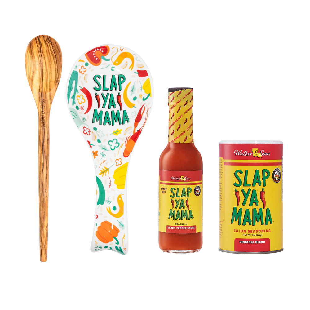 Set Includes: Spoon Rest, 8oz Original Cajun Seasoning, 5oz Cajun Pepper Sauce, Slap Ya Mama Olive Wooden Spoon 