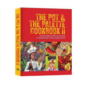 
                  
                    Load image into Gallery viewer, The Pot &amp;amp; The Palette Cookbook II,&amp;#39; a red cookbook featuring whimsical illustrations created by Louisiana&amp;#39;s talented student artists, with the Slap Ya Mama logo incorporated into the design.
                  
                