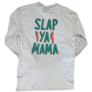 
                  
                    Load image into Gallery viewer, Back of a gray long-sleeve shirt displaying only the Slap Ya Mama logo in the center
                  
                