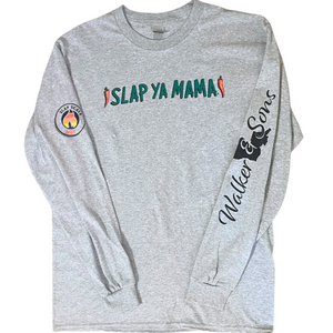 
                  
                    Load image into Gallery viewer, gray long-sleeve shirt featuring the Slap Ya Mama logo on the front, &amp;#39;Walker &amp;amp; Sons&amp;#39; on one sleeve, and a Slap Scale design on the other sleeve.
                  
                