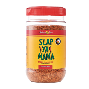32 oz clear jar of Slap Ya Mama seasoning with a yellow label and green logo, displayed on a neutral background."