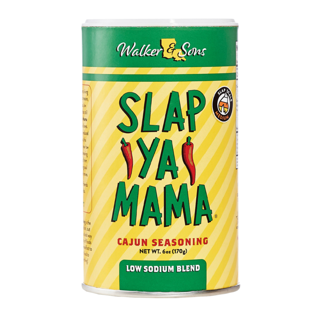 Slap Ya Mama Low Sodium Blend seasoning packet with a yellow label, featuring the green Slap Ya Mama logo and text reading 'Low Sodium Blend' underneath, in a compact packet design