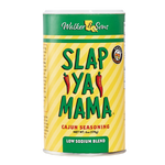 Slap Ya Mama Low Sodium Blend seasoning packet with a yellow label, featuring the green Slap Ya Mama logo and text reading 'Low Sodium Blend' underneath, in a compact packet design