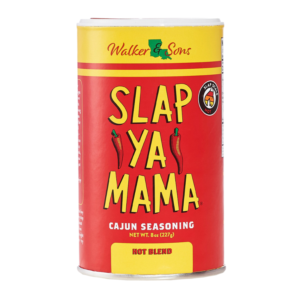 Slap Ya Mama 8 oz Hot Blend Cajun Seasoning  with a red label, featuring the yellow Slap Ya Mama logo and text reading 'Hot Blend Cajun Seasoning' underneath