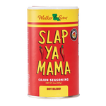 Slap Ya Mama 8 oz Hot Blend Cajun Seasoning  with a red label, featuring the yellow Slap Ya Mama logo and text reading 'Hot Blend Cajun Seasoning' underneath