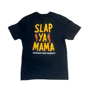 
                  
                    Load image into Gallery viewer, Back of black shirt with the Slap Ya Mama logo in the center and the text &amp;#39;Louisiana Food Products&amp;#39; in white underneath.
                  
                