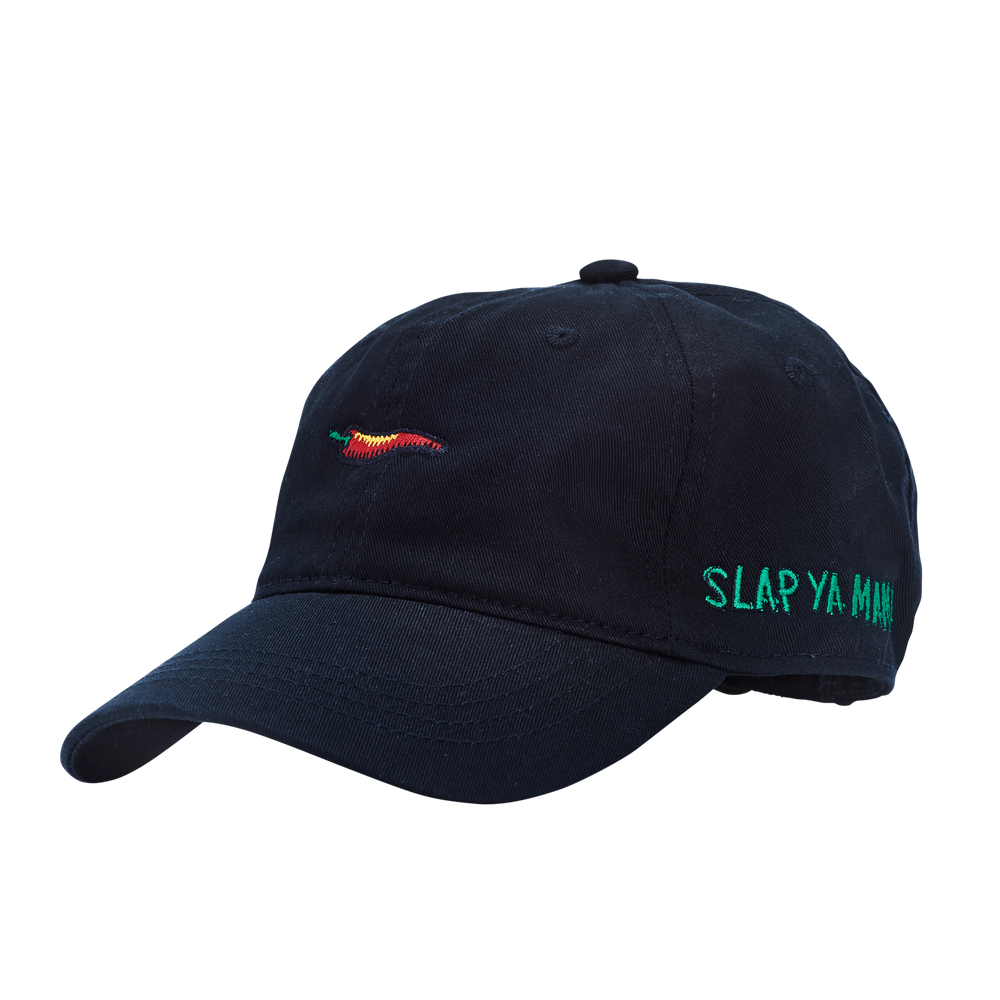 
                  
                    Load image into Gallery viewer, Black Slap Ya Mama hat featuring an embroidered green logo and a red pepper graphic, displayed on a neutral background.
                  
                