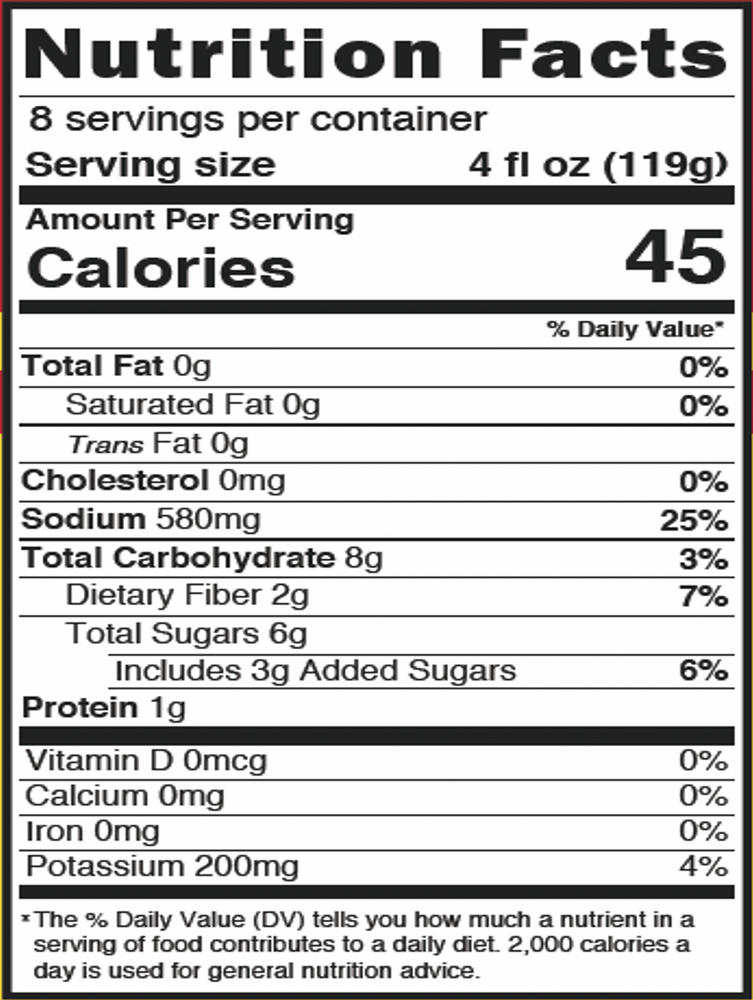 Bloody Mary Nutrition Fact Panel