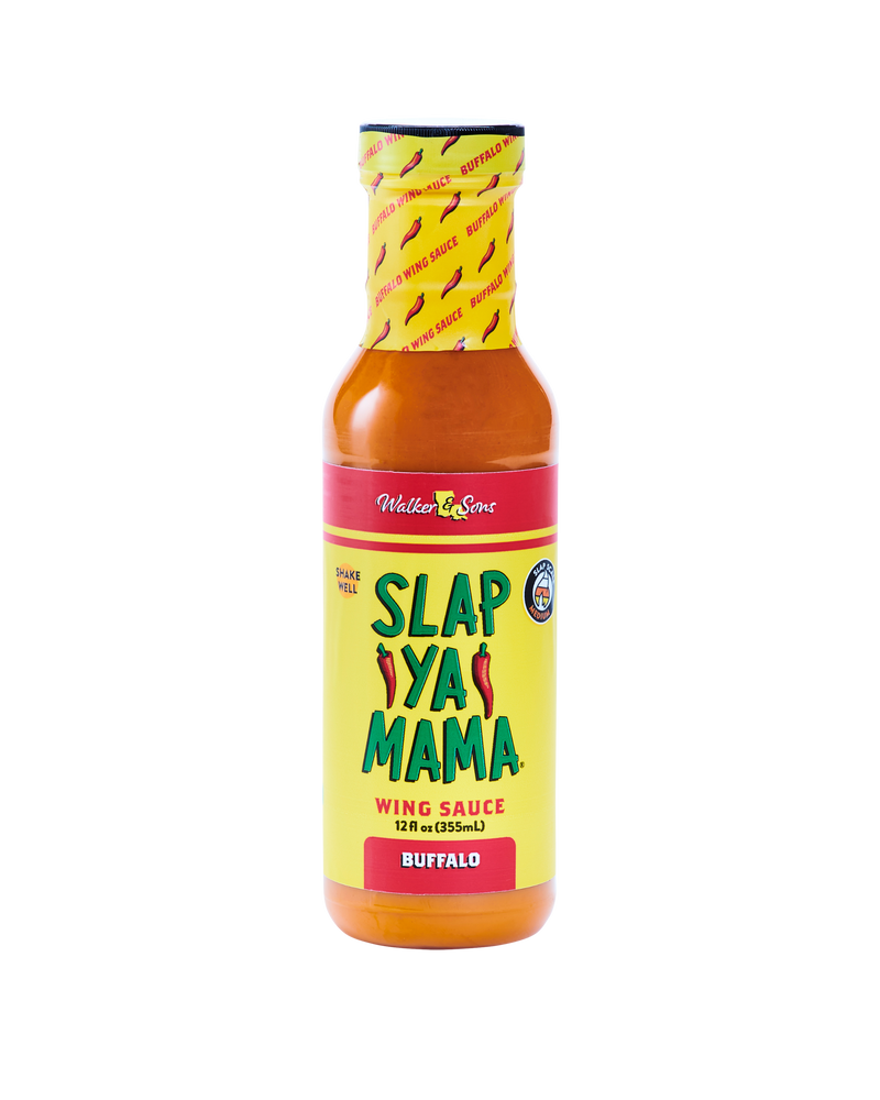 Slap Ya Mama Buffalo Wing Sauce, yellow label, green logo