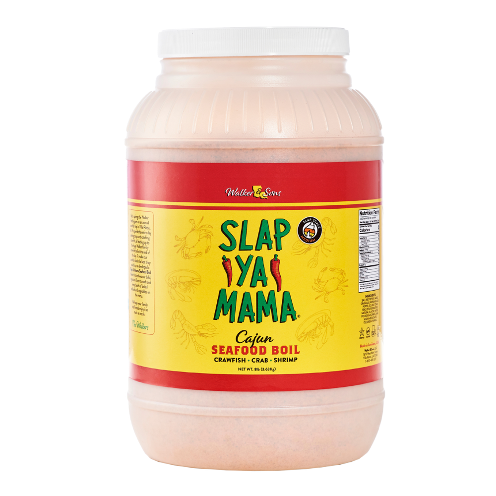 Slap Ya Mama Cajun Seafood Boil gallon jug with a yellow label, featuring the green and red Slap Ya Mama logo and text reading 'Cajun Seafood Boil' underneath the logo.