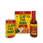 Slap Ya Mama Fish Fry box, 5oz bottle of Slap Ya Mama Cajun Hot Sauce, and 8oz canister of Slap Ya Mama Original Blend Seasoning, arranged together on a white background