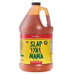 Slap Ya Mama Cajun Pepper Sauce gallon jug with a yellow label, featuring the green and red Slap Ya Mama logo and text reading 'Cajun Pepper Sauce' underneath the logo