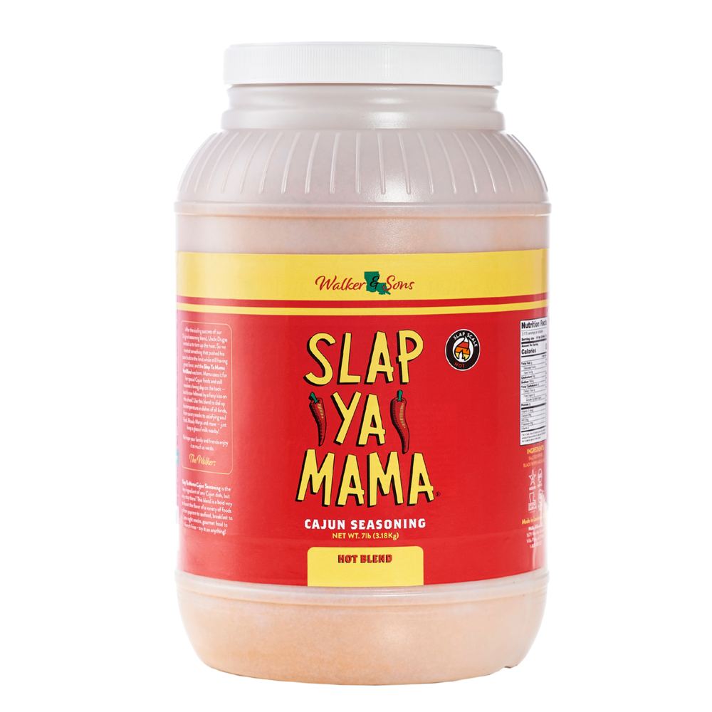 Slap Ya Mama Hot Blend Cajun Seasoning gallon jug with a red label, featuring the yellow Slap Ya Mama logo and text reading 'Hot Blend Cajun Seasoning' underneath.