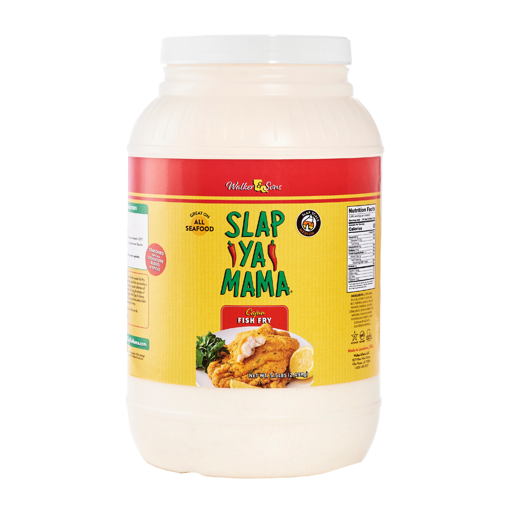 
                  
                    Load image into Gallery viewer, Front of Slap Ya Mama Cajun Fish Fry Gallon with a yellow background, green and red Slap Ya Mama logo, and text reading &amp;#39;Great on all seafood&amp;#39; alongside an image of crispy fried fish.
                  
                