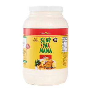 
                  
                    Load image into Gallery viewer, Front of Slap Ya Mama Cajun Fish Fry Gallon with a yellow background, green and red Slap Ya Mama logo, and text reading &amp;#39;Great on all seafood&amp;#39; alongside an image of crispy fried fish.
                  
                