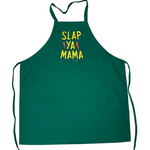 Green Slap Ya Mama apron featuring the yellow Slap Ya Mama logo in the center