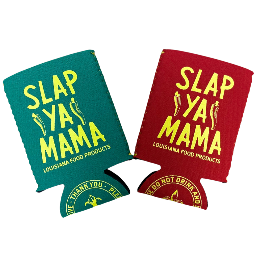 Red and green Slap Ya Mama koozies displayed together, both featuring the yellow Slap Ya Mama logo prominently on the front.