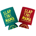 Red and green Slap Ya Mama koozies displayed together, both featuring the yellow Slap Ya Mama logo prominently on the front.