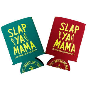 
                  
                    Load image into Gallery viewer, Red and green Slap Ya Mama koozies displayed together, both featuring the yellow Slap Ya Mama logo prominently on the front.
                  
                