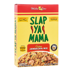 
                  
                    Load image into Gallery viewer, Front of Slap Ya Mama Jambalaya Mix package with a yellow label, green and red Slap Ya Mama logo, and text reading &amp;#39;Microwavable, Quick Cook Cajun Meal.&amp;#39; Additional text says &amp;#39;Just Add Seafood, Sausage, or Chicken.&amp;#39; Features an image of a bowl of sausage jambalaya topped with green onions.
                  
                