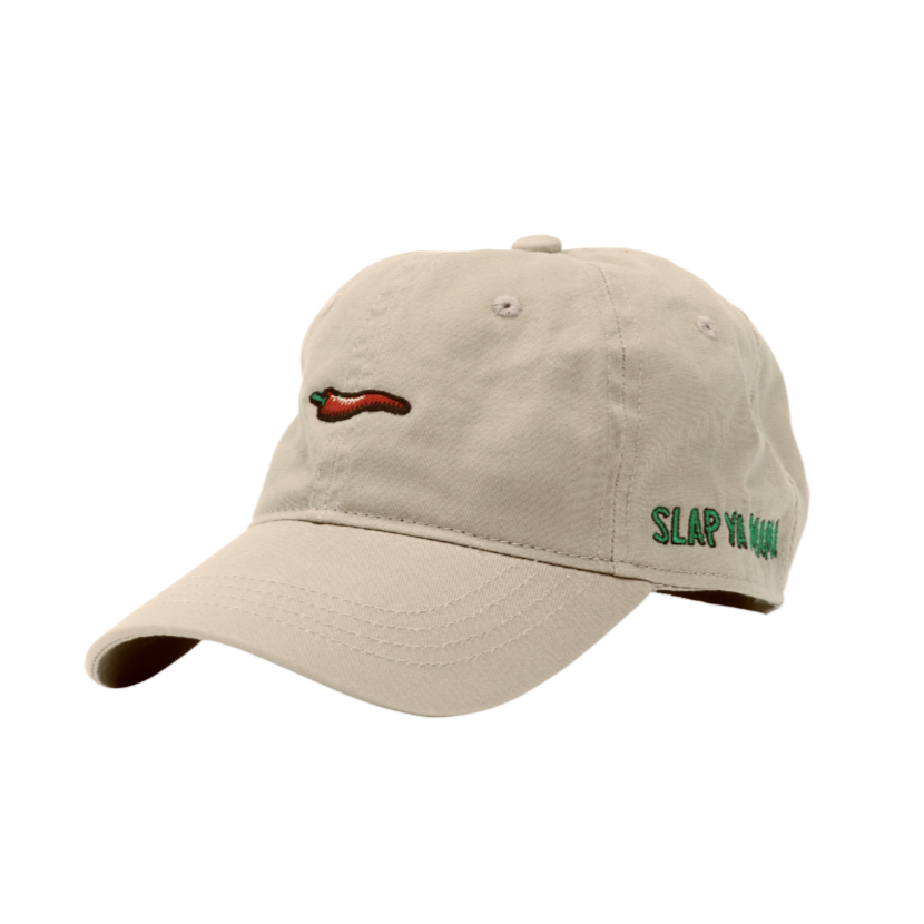 
                  
                    Load image into Gallery viewer, Khaki Slap Ya Mama hat featuring an embroidered green logo and a red pepper graphic, displayed on a neutral background.
                  
                