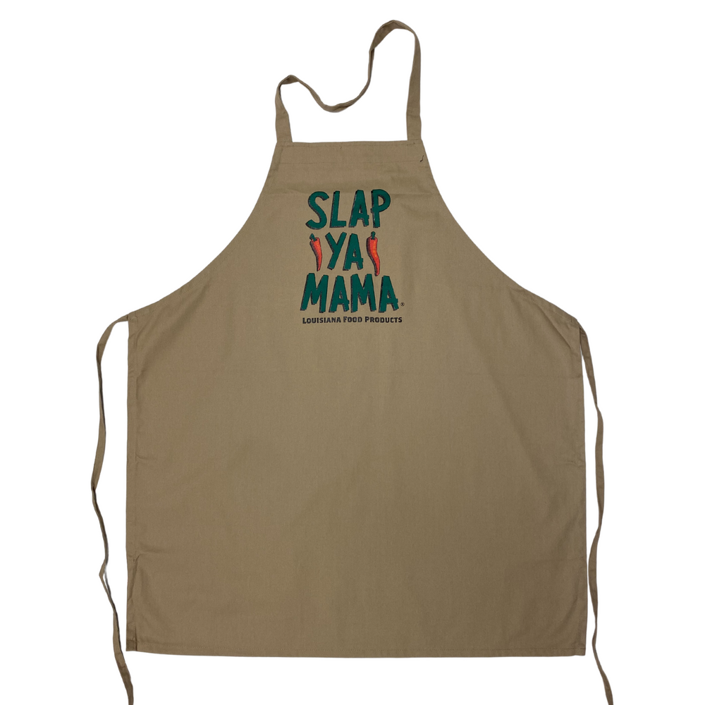 Khaki Slap Ya Mama apron featuring the green Slap Ya Mama logo in the center.